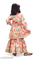 Orange Carrot print Anarkali Kurta Plazzo pants set for girls, pure cotton, sizes 12M-8Y, made in India